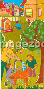 A family giving their dog a wash in the backyard