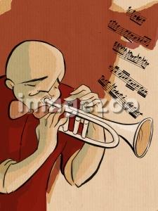 A trumpet soloist playing to the tune of the music